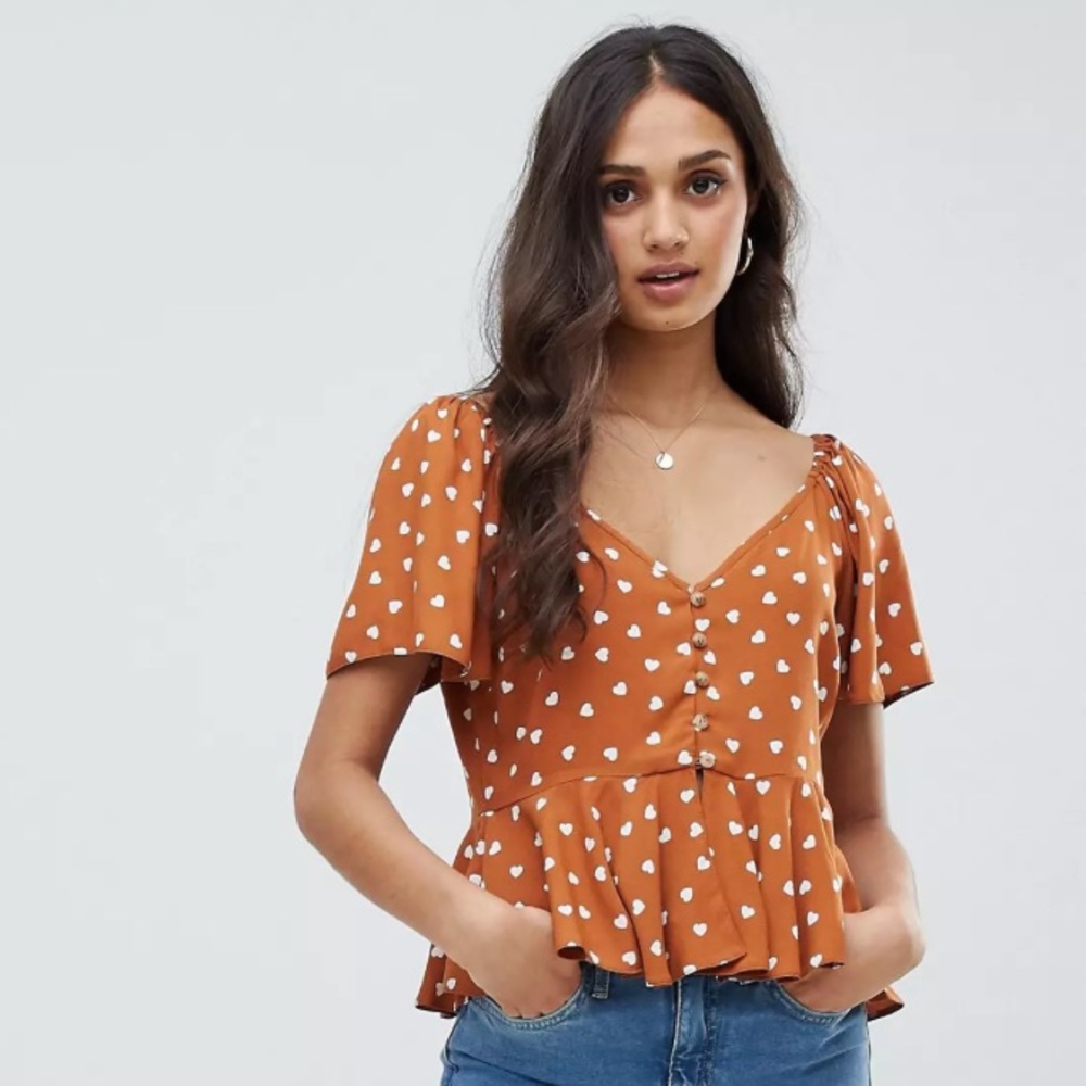ASOS tea blouse with button front in burnt orange heart print